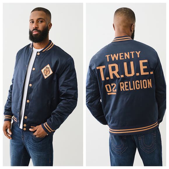 NWT True Religion Satin Embroidered Bomber Jacket Navy Men’s Size Small $199
